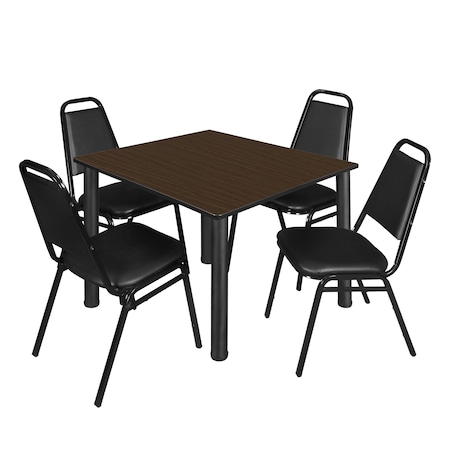 Regency Square Kee Breakroom Table W/ 4 Restaurant Stack Chairs, 48 in W, 48 in L, Neo Walnut TB4848NWBPBK29BK