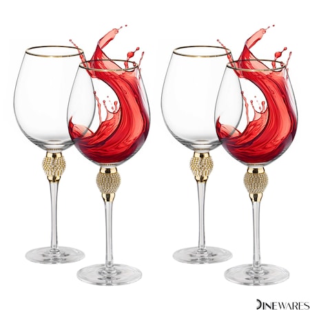 Dinewares Set of 4 Gold-Rimmed Red Wine Glasses with Diamond Rhinestone Accent - 18 oz, 10 Inches Tall - QI004758.GD.4