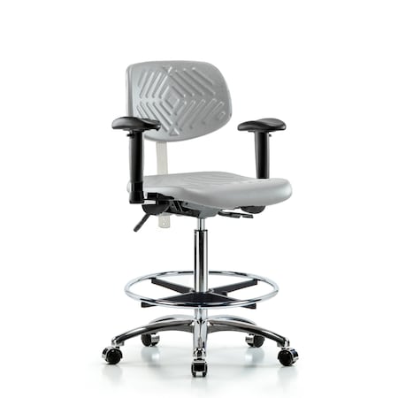 Blue Ridge Ergonomics CL100CleanRoom Chair-High Bench Ht with Seat Tilt, Adj Arms, Chrome Foot Ring, &Casters in Gray Poly NCR-PHBCH-CR-T1-A1-CF-CC-GRY