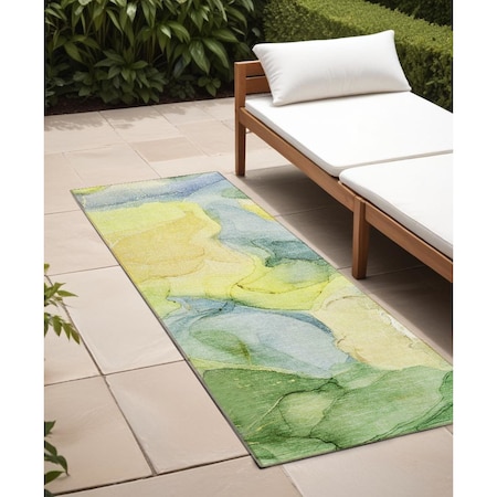 Homeroots 8' Runner Yellow Abstract Washable Non Skid Indoor Outdoor Runner Rug 559542