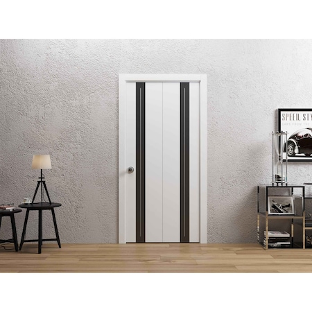 Sartodoors Sliding Closet Bi-fold Doors 60 x 96 inches, Planum 0444 White Silk with Black Inserts and Frosted PLANUM0444BF-WS-6096