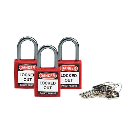 Brady Lockout Padlock, Keyed Alike, Nylon, Red, 1 in Shackle Height, 1 3/16 in Body Width, 1 No. of Keys 118953