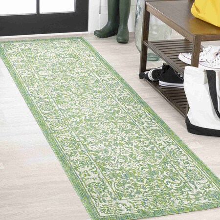 Jonathan Y Tela Bohemian Textured Weave Floral Cream/Green 2 ft. x 10 ft. Indoor/Outdoor Runner Rug SMB100F-210