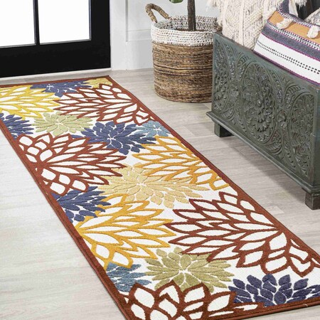 Jonathan Y Minori Floral High-Low Cream/Red/Blue 2 ft. x 8 ft. Indoor/Outdoor Runner Rug AMC109B-28