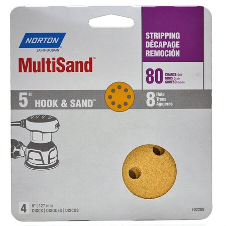 Norton Co 5" Norton 02209 Hook & Sand 8-Hole Sanding Disc, P80-Grit, 4-Pack 49225