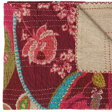 Homeroots 50" X 70" Red Floral Cotton Quilted Kantha Throw Blanket with Embroidery 544510