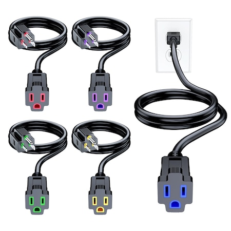 Maximm 2ft 16AWG Indoor Extension Cord w/ Multi-Color Indicators, 5PK, Black, 5PK IMC-LA004K-LA005H-5pk-02