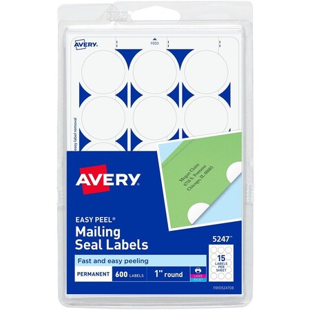 Avery Dennison Avery, PRINTABLE MAILING SEALS, 1in DIA., WHITE, 5247, 40PK 05247