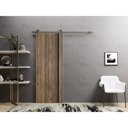 Sartodoors Sliding Barn Door with 6.6ft Hardware, Planum 0011 Walnut and Aluminum Strips, Rail Hangers Sturdy PLANUM0011BD-S-WLN-18