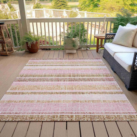Homeroots 9' X 12' Pink And Beige Striped Washable Indoor Outdoor Area Rug 632237