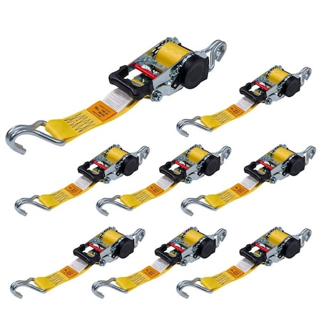 Mytee Products 2in x 10ft Yellow Retractable Ratchet Straps with Double J-Hook - 1,100 lbs WLL, 8PK RS210R-WHx8