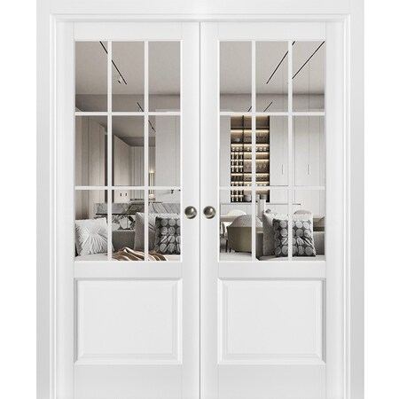 Sartodoors Sliding French Double Pocket Doors, Felicia 3599 White Silk with Clear Glass, Kit Trims Rail Hardw FELICIA3599DP-WS-6496