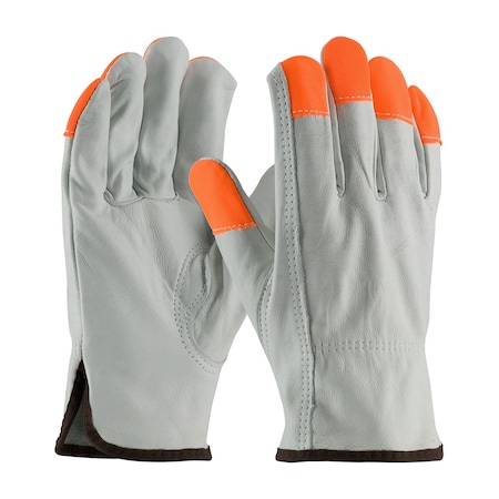 Pip Regular Grade Top Grain Cowhide Leather Drivers Glove with Hi-Vis Fingertips, Keystone Thumb, 12PK 68-163HV/XL