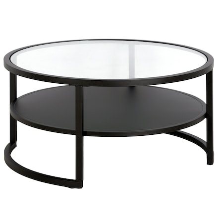 Homeroots 34" Black Glass And Steel Round Coffee Table With Shelf 520953