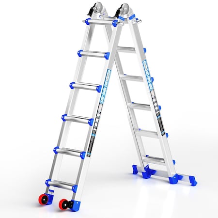 Wrightmaster 20ft Reach Aluminum Multi-Position Ladder w/ Wheels and Stabilizer Bar, 330 lbs. Load Capacity Blue ZOR-20FT-BU