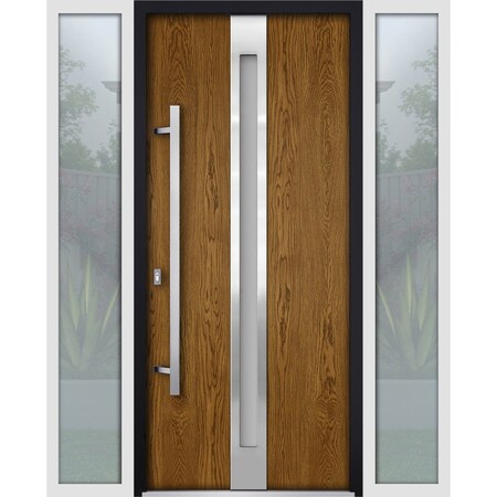 Vdomdoors Steel Door Deux 1744 Natural Oak 2 Sidelight Exterior White Windows Stainless Inserts Single Modern DEUX1744EXD-OAKW-W14+36+14xH80-RH-O