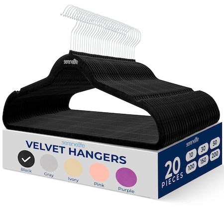 Serenelife Velvet Hangers, Non-Slip Felt Hangers w/ 360 Deg Swivel Hook, Ultra-Thin, Lightweight, Black, 20PK SLHVEL20