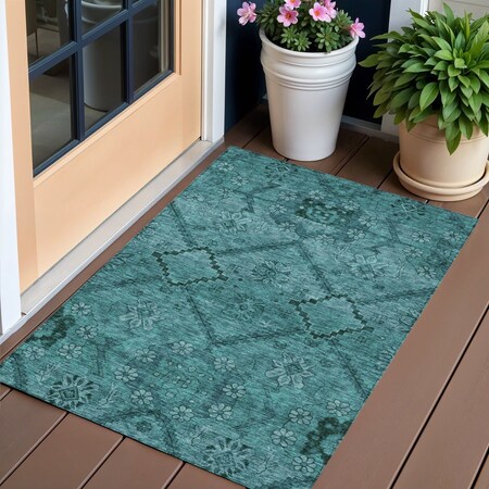 Homeroots 3' X 5' Teal Blue And Aqua Floral Washable Indoor Outdoor Area Rug 588912