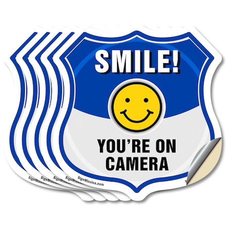 Signmission Smile You're On Camera Shield Sign Smile, 6 inch X 6 inch, Vinyl Decal, 5PK SHI-D-5PACK-6-463