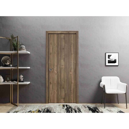 Sartodoors Sliding French Pocket Door with, Planum 0010 Walnut, Kit Trims Rail Hardware, Solid Wood Interior B PLANUM0010PD-WLN-3696