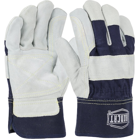 Ironcat Heavy Premium Split Cowhide Leather Double Palm Glove w/Canvas Back, Rubberized Safety Cuff, 12PK 12392