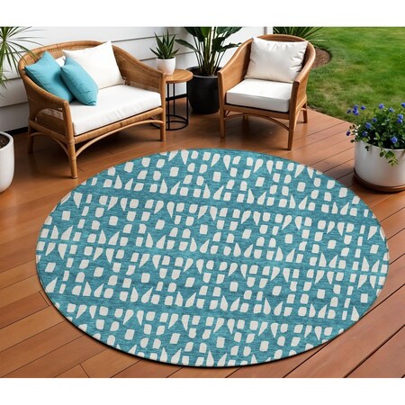 Homeroots 8' Teal Blue And Ivory Round Geometric Washable Indoor Outdoor Area Rug 613809