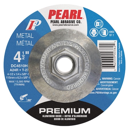Pearl Type 27, 4 1/2 in Dia, 1/4 in Thick, 5/8 in-11 Arbor Hole Size, 24 Grit DC4510H
