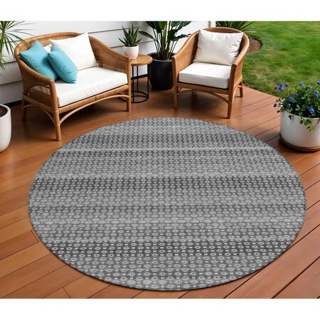 Homeroots 8' Gray And Silver Round Striped Washable Indoor Outdoor Area Rug 610596