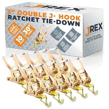 Jrex Safety 10PK HD Ratchet Straps with Double J Hooks, Yellow 3 in x 30 ft Tie Downs RTD330-JR-DJH-10PK