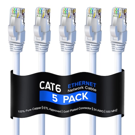 Maximm 2ft Cat6 Round LAN Patch Cable, 5PK, White, 5PK CAT62FT5PKWhite