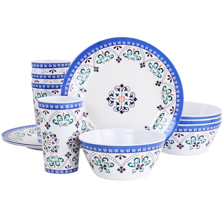 Gibson Everyday Alhambra Blues 12 Piece Melamine Dinnerware Set in Blue and White 93742.12