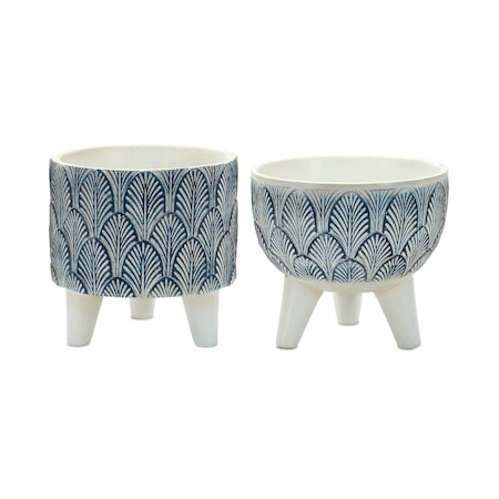Homeroots Set of Two Blue And White Polyresin Geometric Pot Planters, 2PK 517982