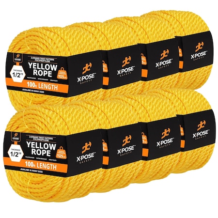 Xpose Safety 1/2in x 100 ft Twisted Polypropylene Rope, Yellow, 12PK YPR12-100-12-X