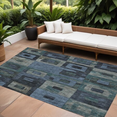 Homeroots 9' X 12' Blue Gray And Charcoal Geometric Washable Indoor Outdoor Area Rug 605023