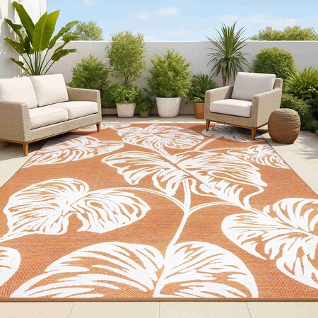 Jonathan Y Tobago High-Low Two-Tone Monstera Leaf Orange/Ivory 5 ft. x 8 ft. Indoor/Outdoor Area Rug HWC100A-5