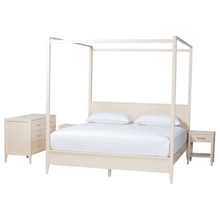 Baxton Studio Primrose Mid-Century Ivory Fluted Wood King Size 4-Piece Canopy Bedroom Set 249-13821-13831-13823-ZORO
