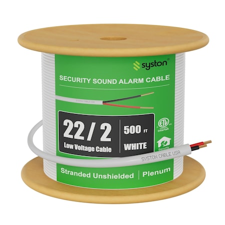 Syston Cable Technology 22/2 Alarm Control Cable Wire, 100% Stranded Copper, Plenum CMP Unshielded, Low Voltage, ETL, 500 ft 5108-500WH