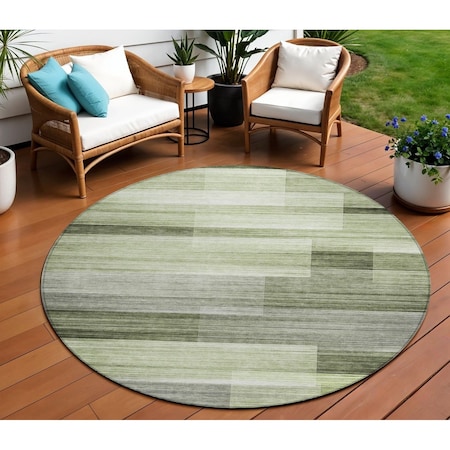 Homeroots 8' Green And Ivory Round Striped Washable Indoor Outdoor Area Rug 630989