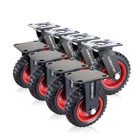 Powertec 6'' Caster Wheels 4 Swivel & 4 Fixed, Heavy Duty Casters with Rubber Knobby Tread, 8PK 17054-P2N