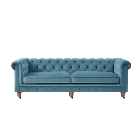 Homeroots 92" Teal Blue Velvet Chesterfield Wood Sofa 543986
