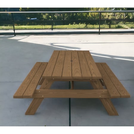 Homeroots 94" Brown Solid Wood Outdoor Picnic Table with Umbrella Hole 525008