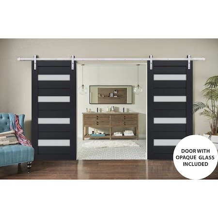 Sartodoors Sturdy Double Barn Door with Frosted Glass 64x96 (2* 32x96) Solid Core Modern Interior VEREGIO7455DB-S-ANT-6496