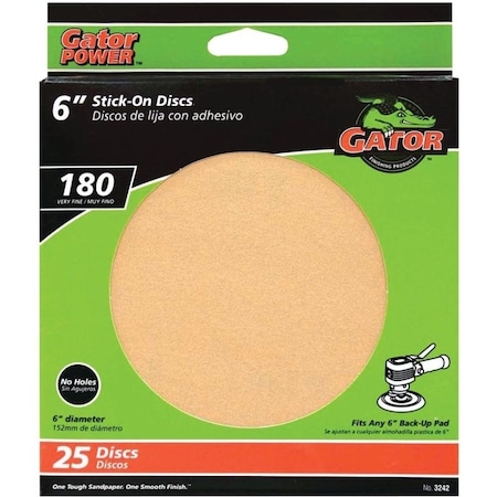 Gator Sanding Disc, 6 in Dia, Coated, 180 Grit, Very Fine, Aluminum Oxide Abrasive, Paper Backing 3242