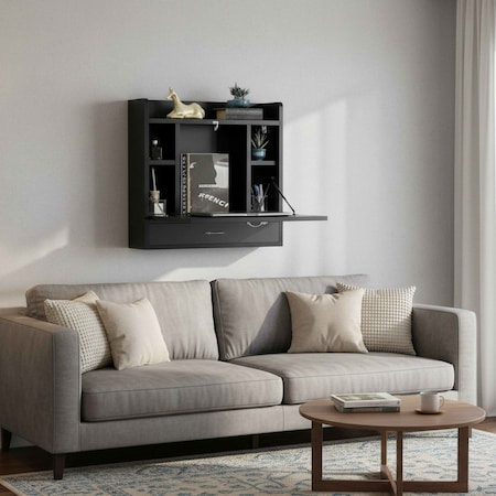 Basicwise Wall Mount Folding Laptop Writing Computer or Makeup Desk with Storage Shelves and Drawer, Black QI004015.BK