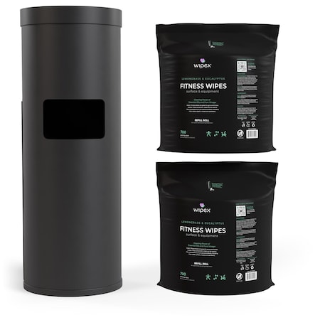 Wipex Natural Fitness Wipes 700ct Bundle, 2 Rolls + Black Floor Dispenser w/ Trash Can WX72214BFD2FLE