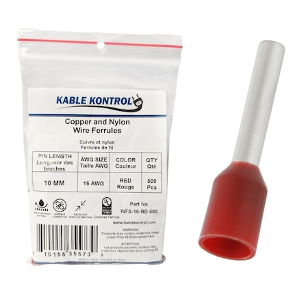 Kable Kontrol Wire Ferrules, Nylon Insulated, Single, 16 AWG, Pin Size 10 mm, Red, 500 Pcs, 500PK WFS-16-RD-500