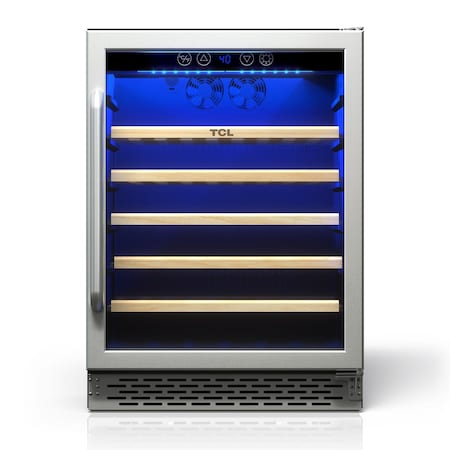 Tcl 5.3 Cu. Ft. 52-Bottle Wine Cooler, Low Noise, Digital Controls, LED Light, Glass Door, Stainless TRW52B7AS