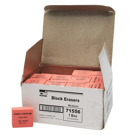 Charles Leonard Eraser, Synthetic, Latex Free, Block Shape, Medium, Pink, Box of 60, 60PK 71556