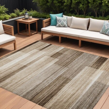Homeroots 10' X 14' Brown And Ivory Striped Washable Indoor Outdoor Area Rug 630980