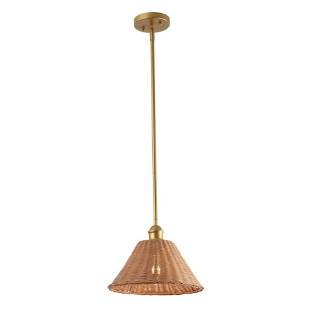 Jonathan Y Hattie 12 in. 1-Light Coastal Bohemian Metal and Woven Rattan LED Pendant Light, Gold Painting/Brown JYL5712A
